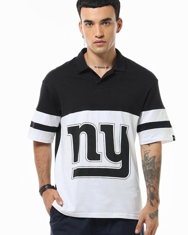Shop Men's White & Black NY Color Block Oversized Polo T-shirt-Front