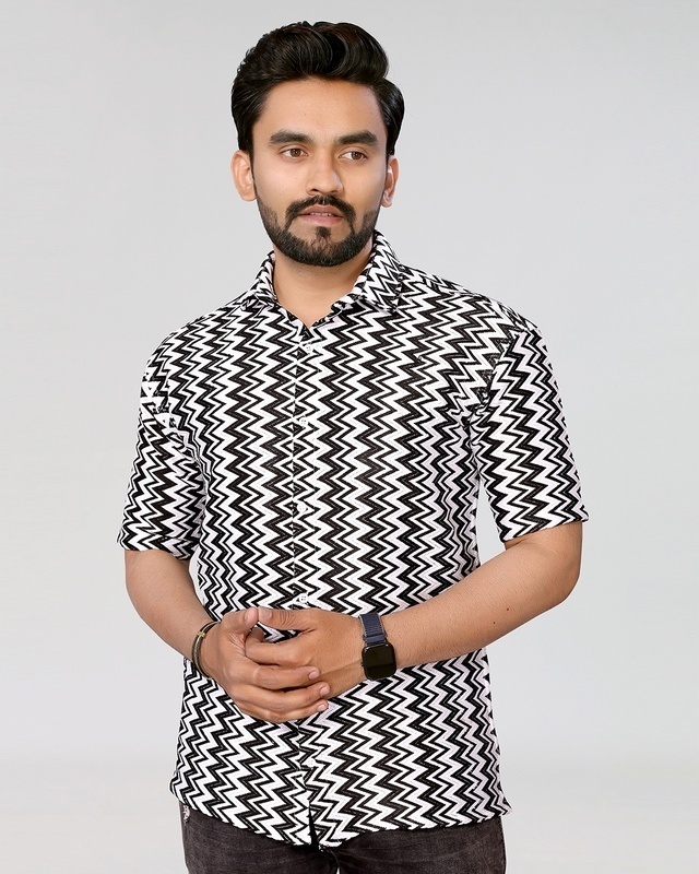 Shop Men's White & Black Embroidered Relaxed Fit Crochet Shirt-Front