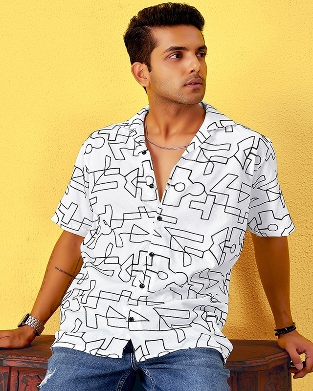 Shop Men's White & Black Embroidered Relaxed Fit Shirt-Front