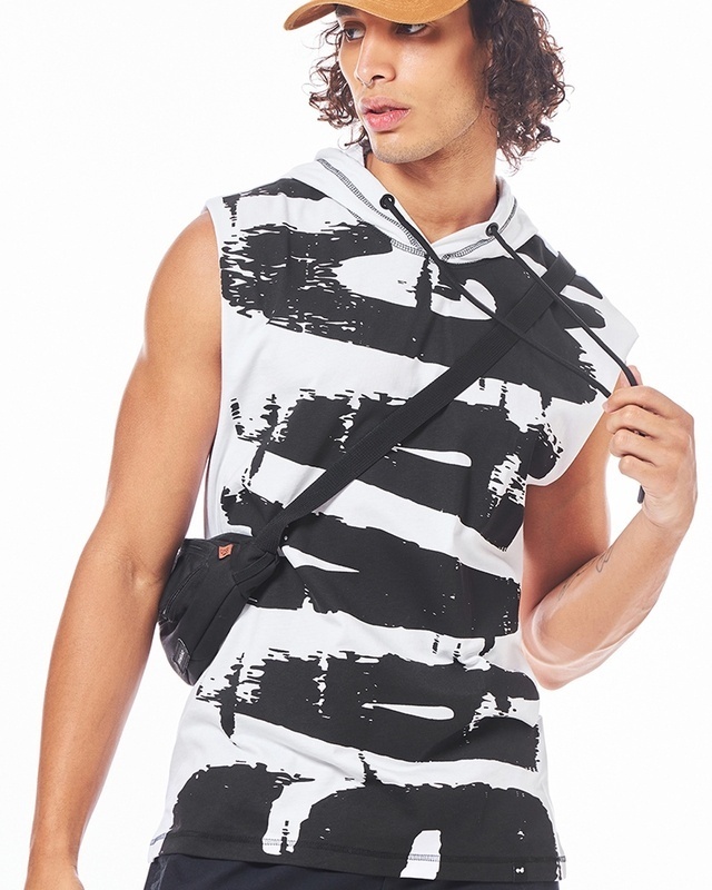 Shop Men's White & Black Graphic Printed Oversized Hooded Vest-Front