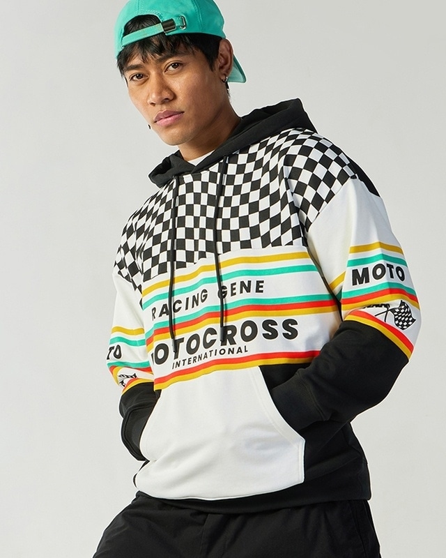 Shop Men's White & Black Graphic Printed Oversized Hoodies-Front