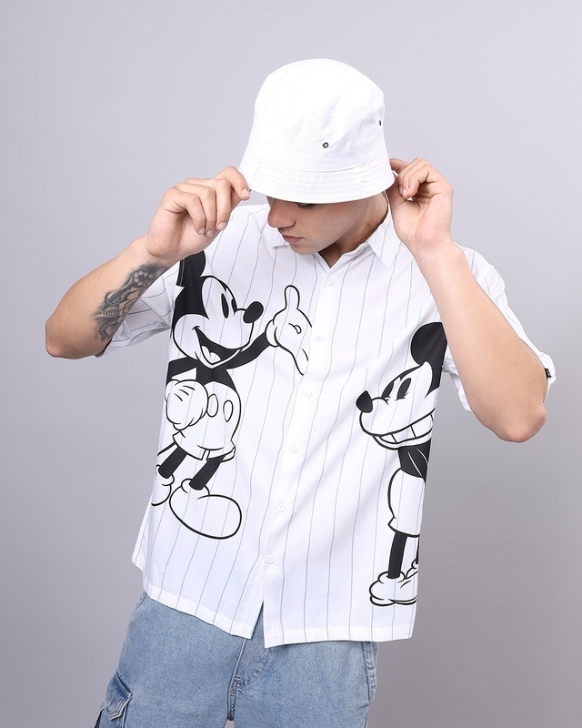 Shop Men's White & Black Mickey Graphic Printed Super Loose Fit Shirt-Front