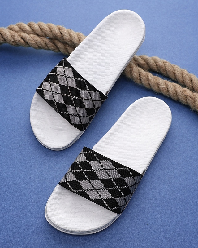 Shop Men's White & Black Printed Sliders-Front