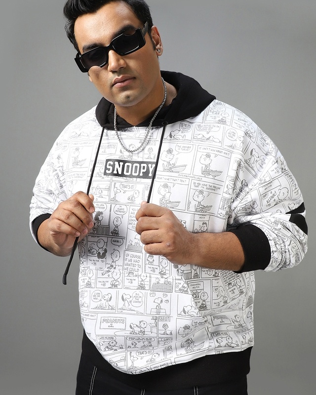 Shop Men's White & Black Snoopy All Over Printed Plus Size Oversized Hoodies-Front