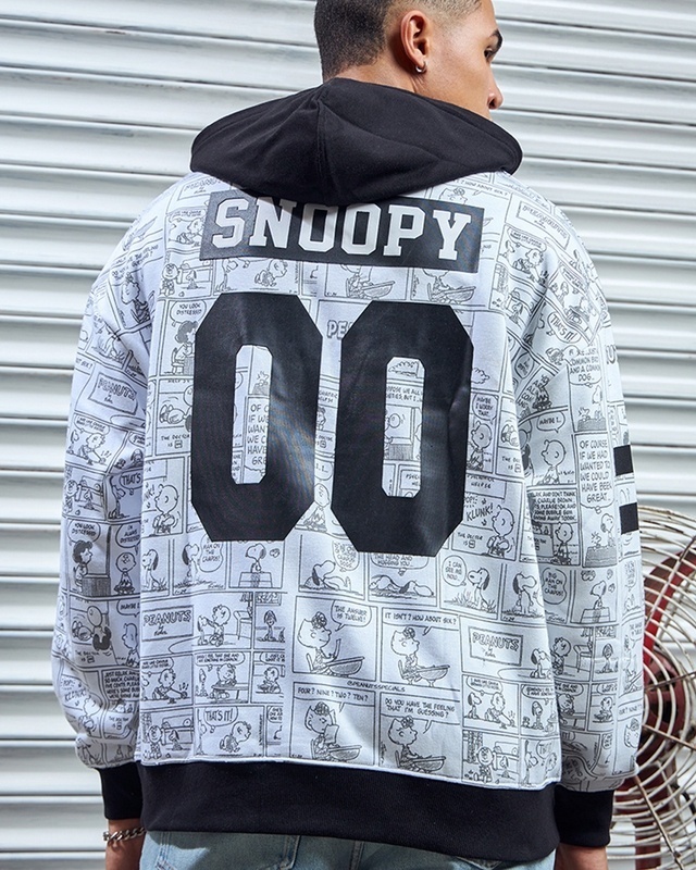 Shop Men's White & Black Snoopy Graphic Printed Oversized Hoodies-Front