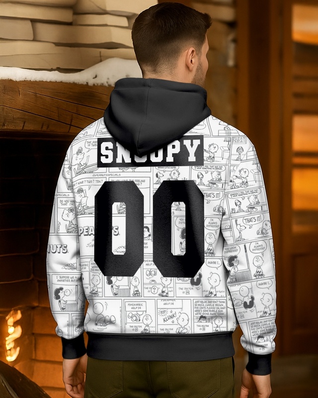 Shop Men's White & Black Snoopy Graphic Printed Oversized Hoodies-Front