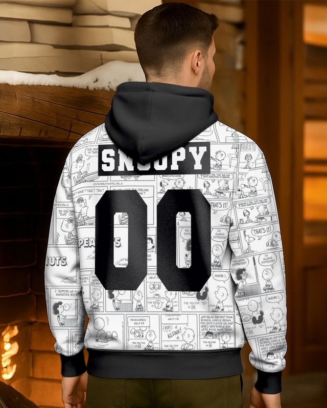 Shop Men's White & Black Snoopy Graphic Printed Oversized Hoodies-Front