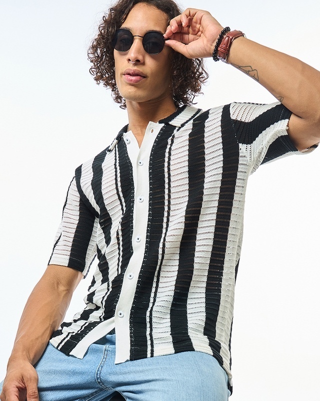 Shop Men's White & Black Striped Flatknit Shirt-Front