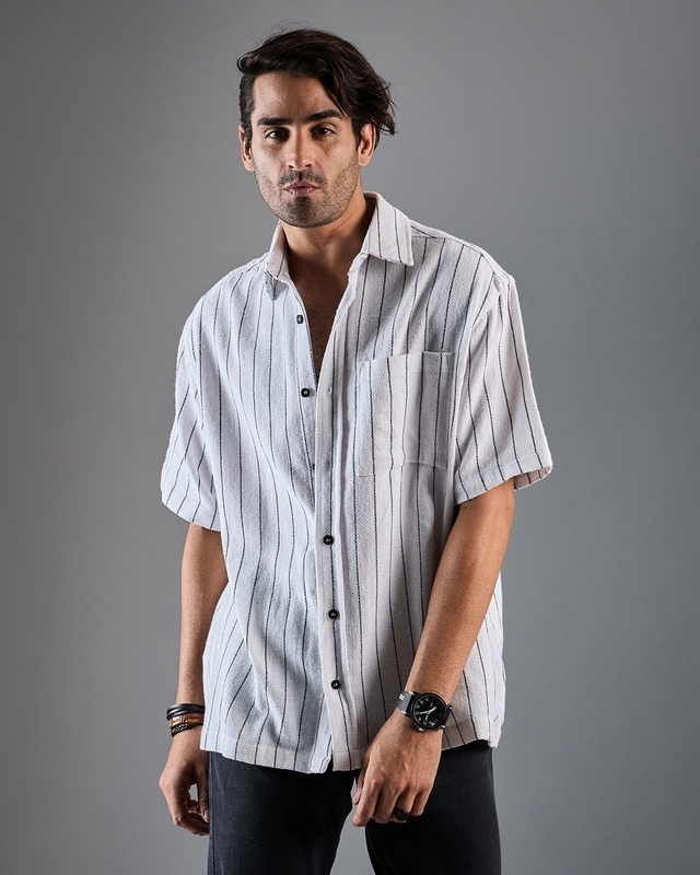 Shop Men's White & Black Striped Oversized Shirt-Front