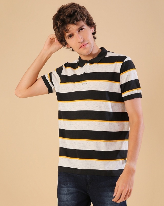 Shop Men's White & Black Striped Regular Fit T-shirt-Front