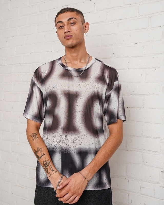 Shop Men's White & Black Typography Mesh Oversized T-shirt-Front