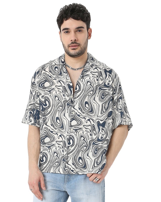 Shop Men's White & Blue All Over Abstract Printed Relaxed Fit Shirt-Front