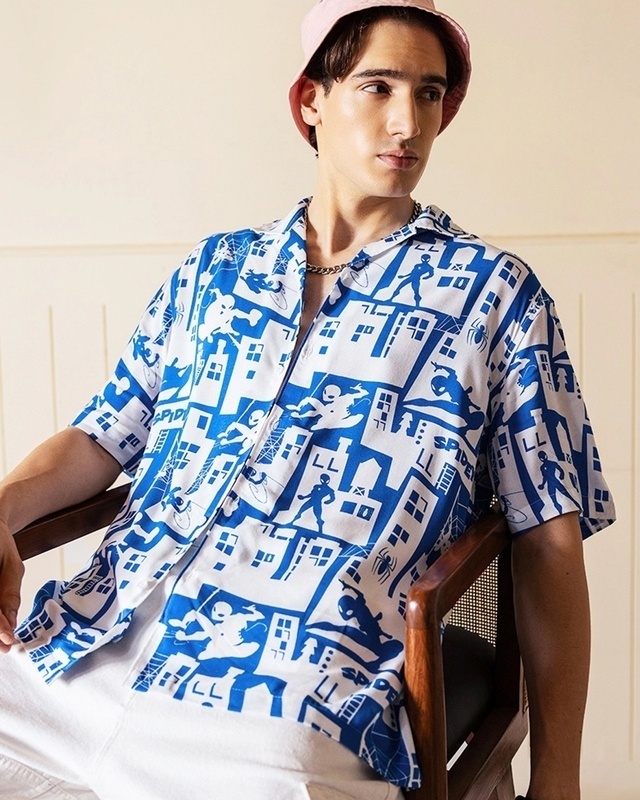 Shop Men's White & Blue All Over Printed Oversized Shirt-Front