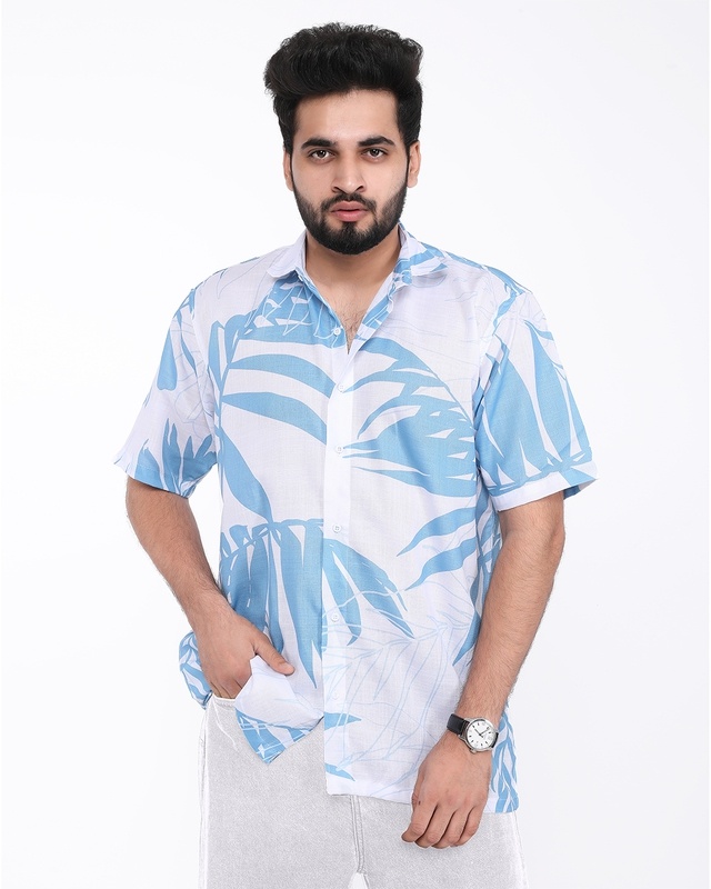 Shop Men's White & Blue All Over Printed Oversized Shirt-Front