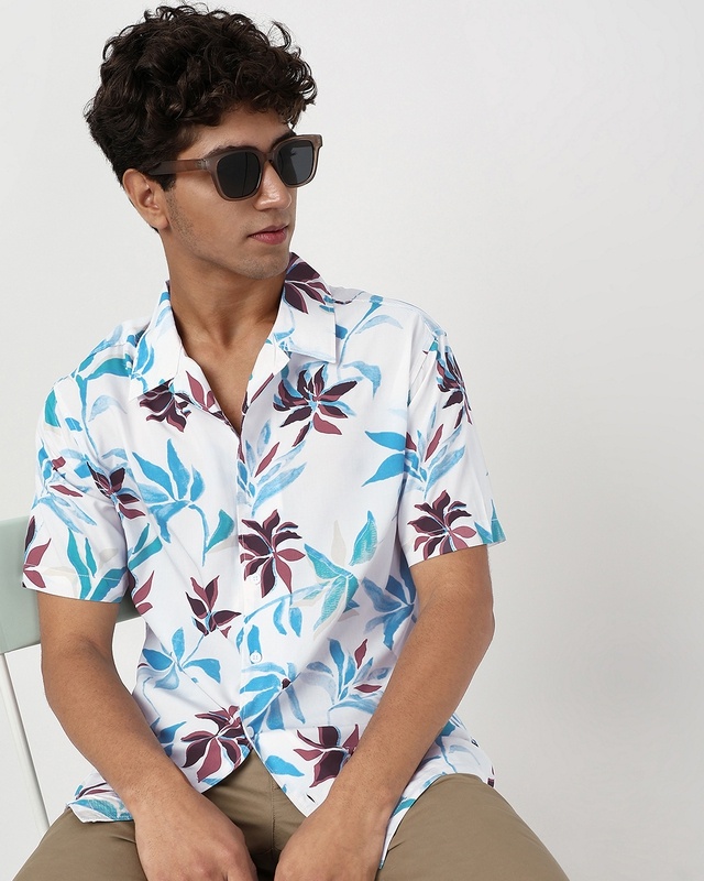 Shop Men's White & Blue All Over Printed Oversized Shirt-Front