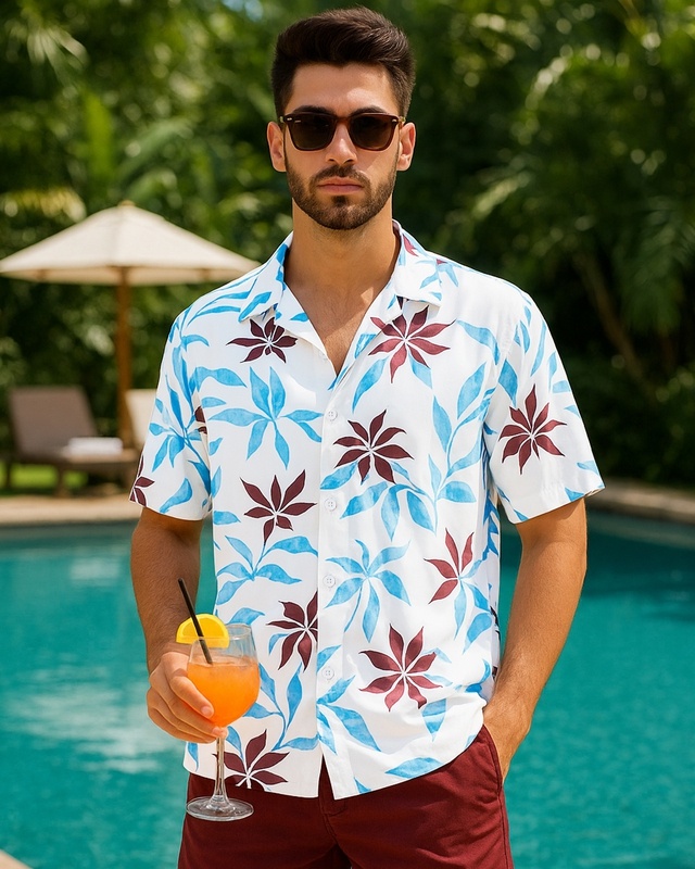 Shop Men's White & Blue All Over Printed Oversized Shirt-Front