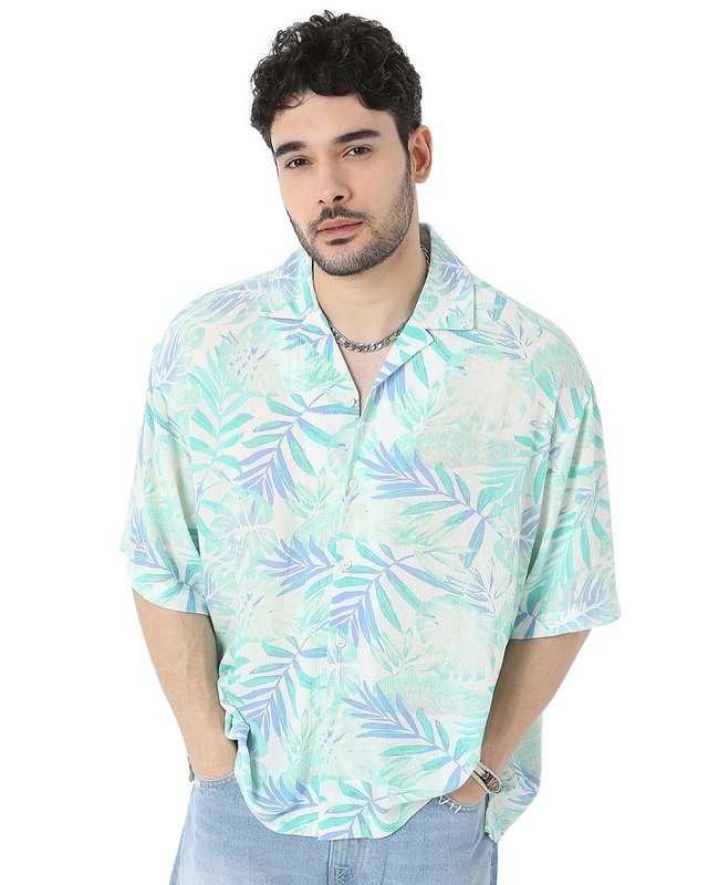 Shop Men's White & Blue All Over Tropical Printed Relaxed Fit Shirt-Front