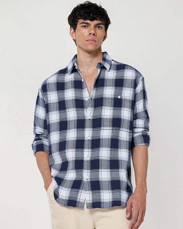 Shop Men's White & Blue Checked Oversized Shirt-Front