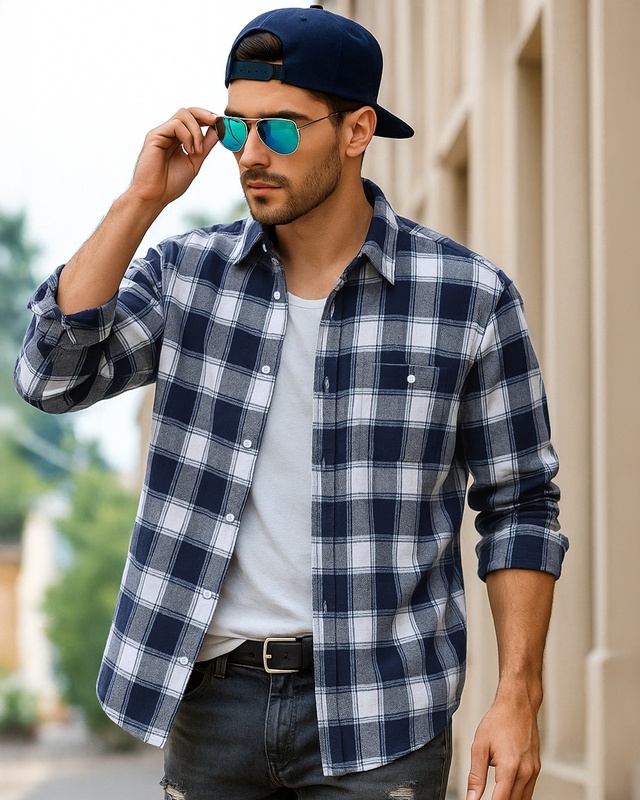 Shop Men's White & Blue Checked Oversized Shirt-Front