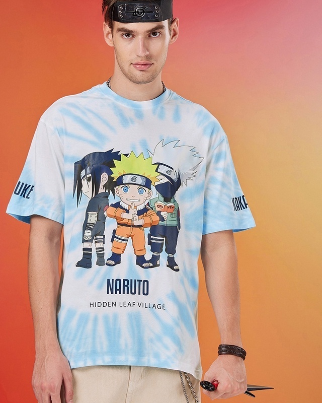 Shop Men's White & Blue Chibi Naruto Tie & Dye Oversized T-shirt-Front