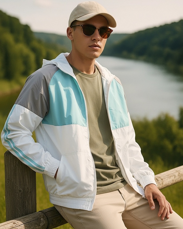 Shop Men's White & Blue Color Block Hooded Windcheater Jacket-Front