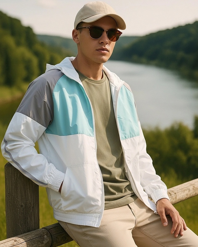 Men's White & Blue Color Block Hooded Windcheater Jacket