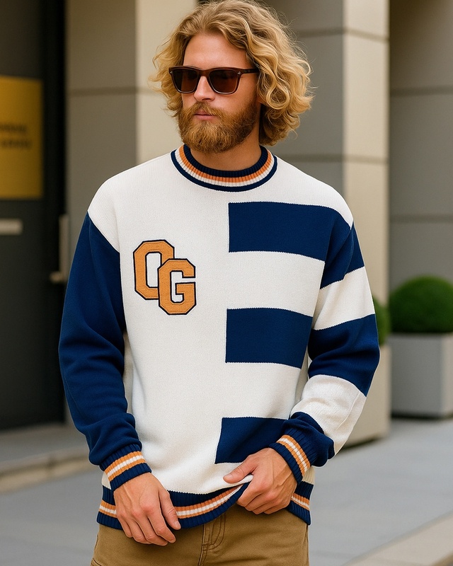 Shop Men's White & Blue Color Block Oversized Sweater-Front