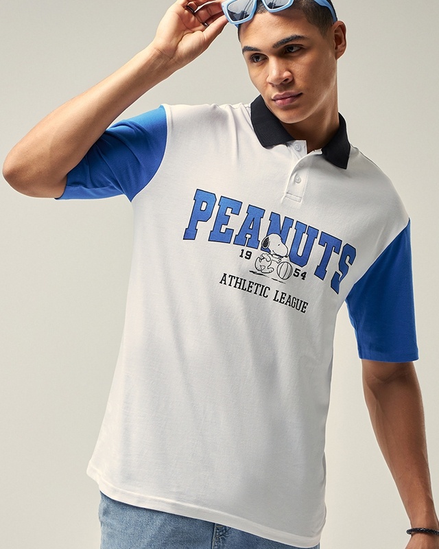 Men's White & Blue Peanuts Graphic Printed Oversized Polo T-shirt