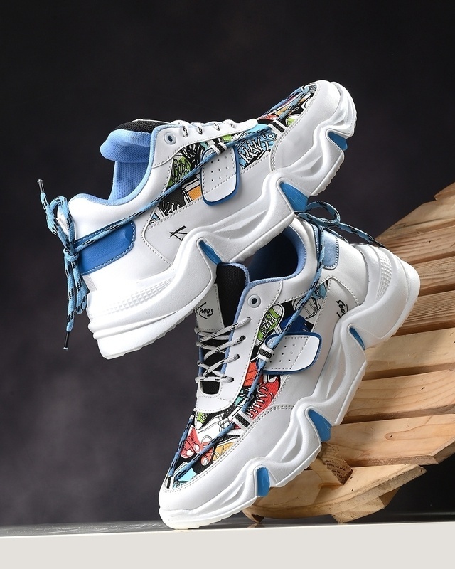 Shop Men's White & Blue Printed Sneakers-Front