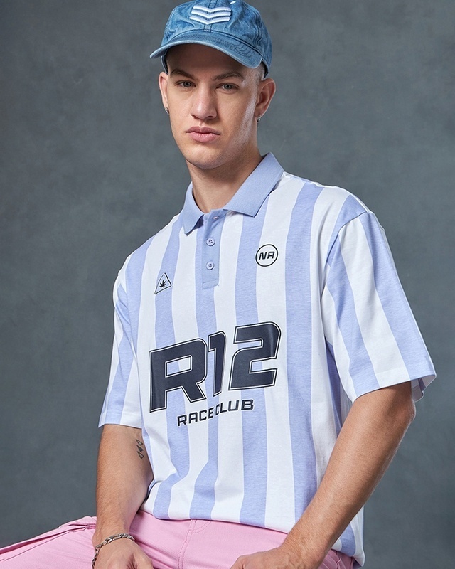 Shop Men's White & Blue R12 Race Club Striped Polo T-shirt-Front