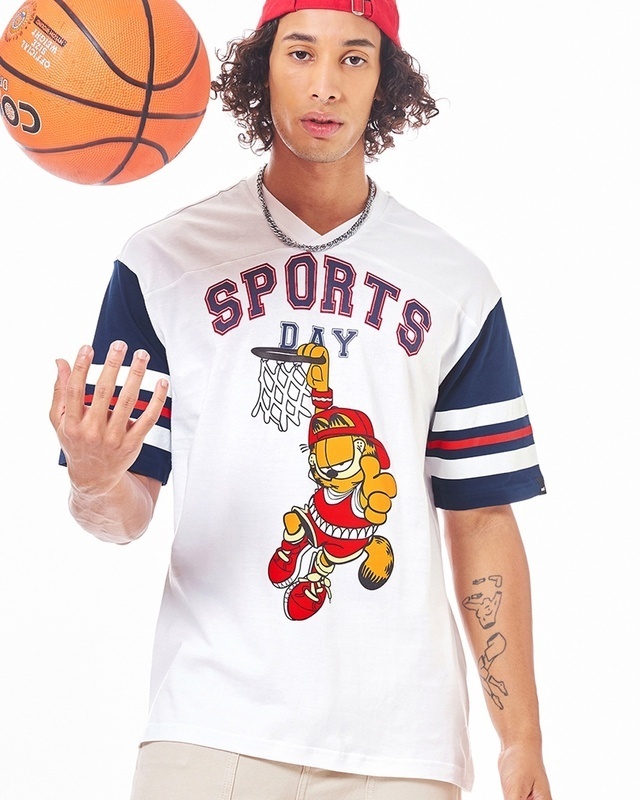 Shop Men's White & Blue Sports Day Graphic Printed Oversized T-shirt-Front