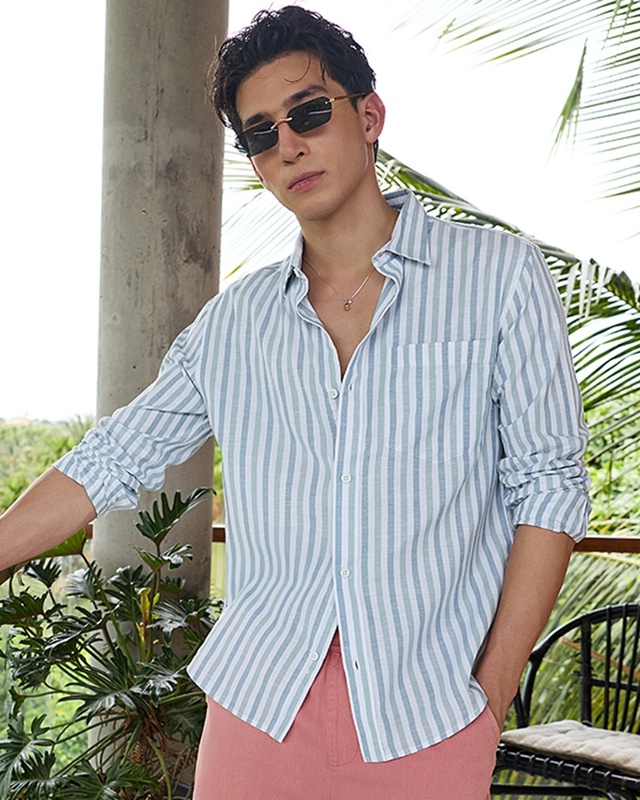 Men's White & Blue Striped Cotton Linen Shirt