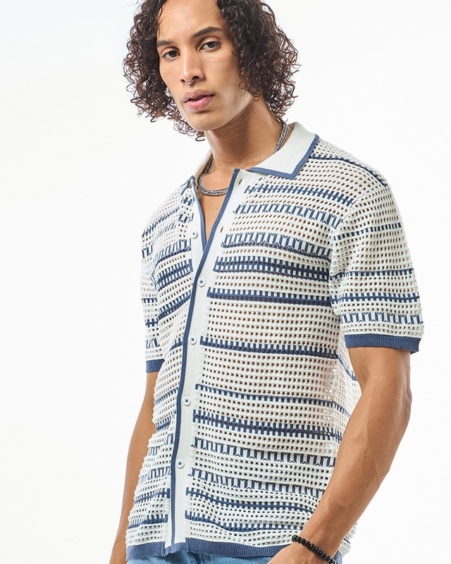 Shop Men's White & Blue Striped Flatknit Shirt-Front