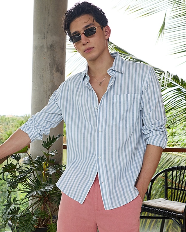 Shop Men's White & Blue Striped Linen Shirt-Front