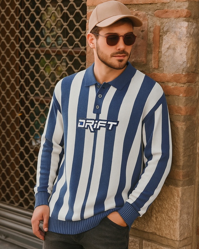 Shop Men's White & Blue Striped Oversized Sweater-Front