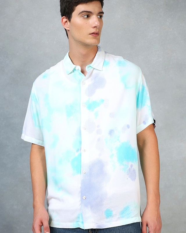 Shop Men's White & Blue Tie & Dye Oversized Shirt-Front