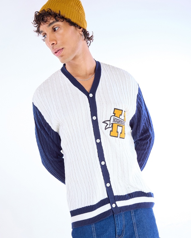 Men's White & Blue Typography Oversized Sweater