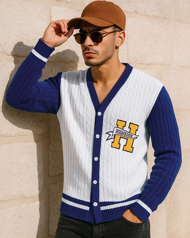 Shop Men's White & Blue Typography Oversized Sweater-Front