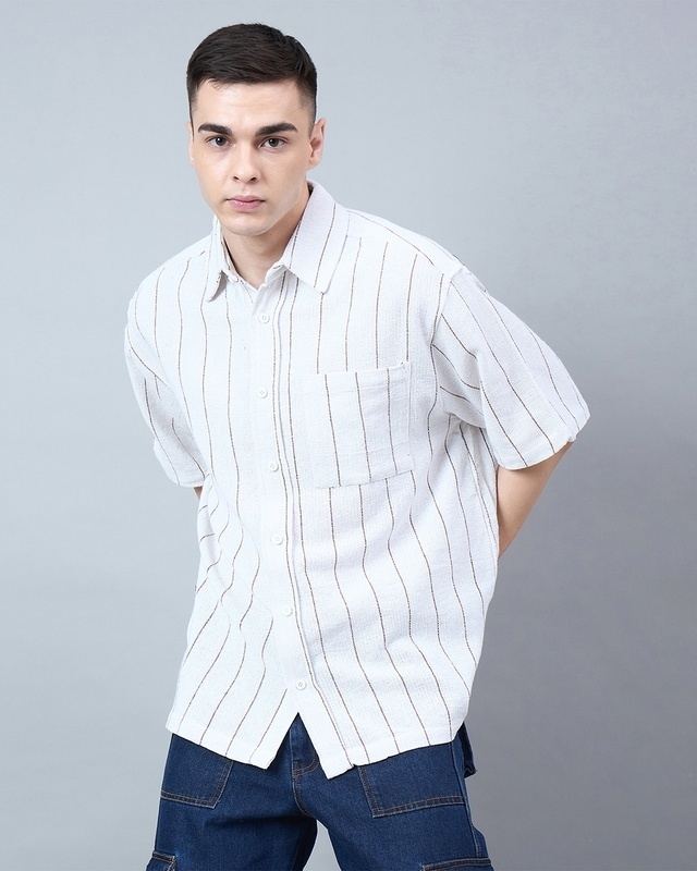 Shop Men's White & Brown Striped Oversized Shirt-Front