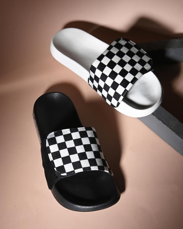 Shop Men's White Checked Adjustable Strap Sliders-Front
