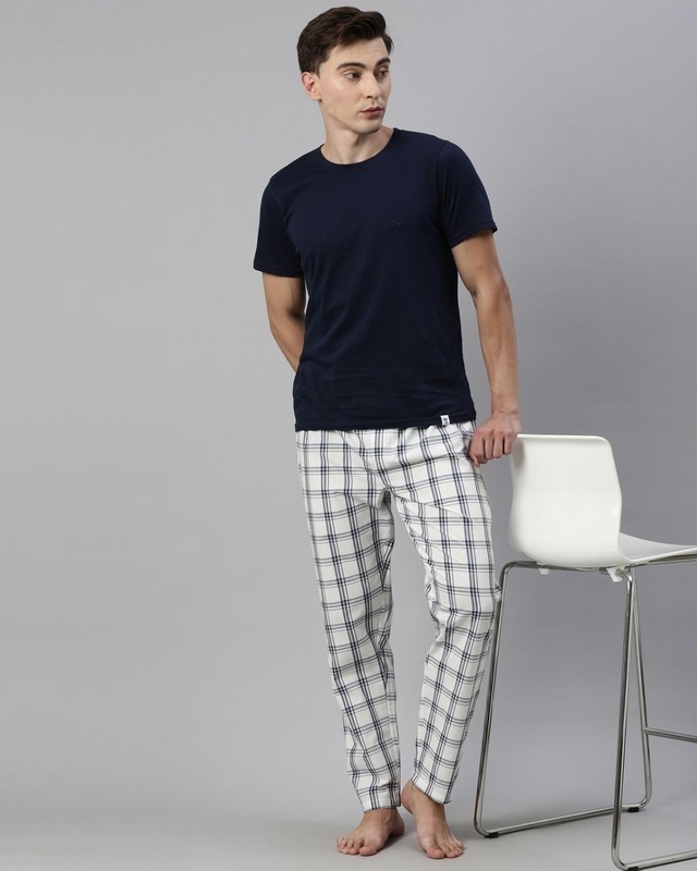 Shop Men's White Checked Cotton Pyjamas-Front
