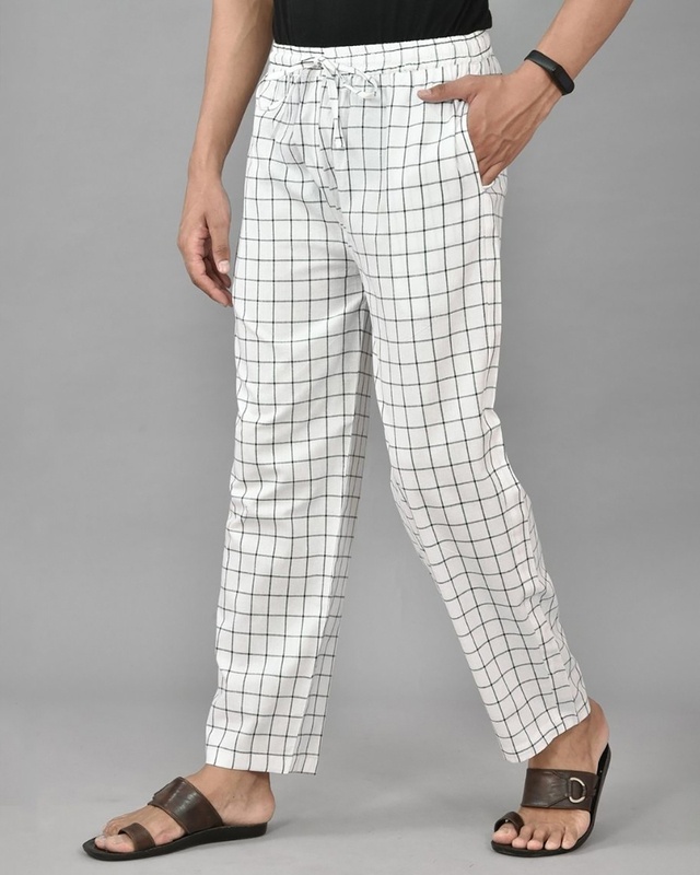 Shop Men's White Checked Casual Pants-Front