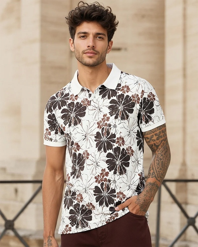 Shop Men's White & Chocloate Brown All Over Printed Polo T-shirt-Front