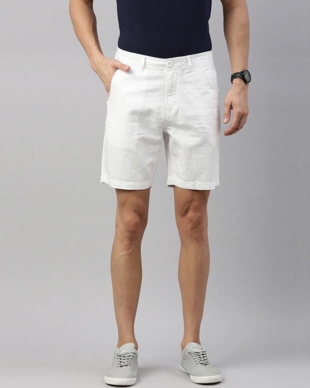 Shop Men's White Cotton Linen Shorts-Front