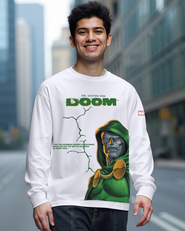 Shop Men's White Doom Graphic Printed Oversized T-shirt-Front