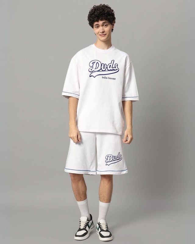Shop Men's White Duds Inda House Typography Oversized Fit Co-ordinates-Front