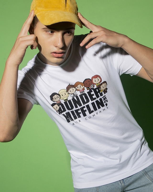 Men's White Dunder Mifflin Chibi Graphic Printed T-shirt