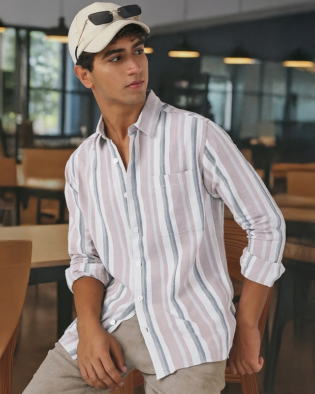 Shop Men's White & Dusty Pink Striped Shirt-Front