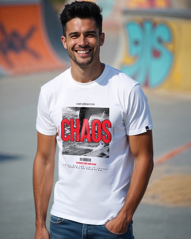 Men's White Embrace Chaos Graphic Printed T-shirt