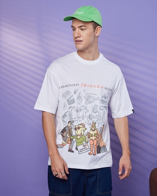 Shop Men's White Fluent In Friends Graphic Printed Oversized T-shirt-Front